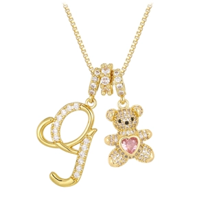 Golden letter J and teddy bear pendant necklace with pink heart stone on box chain