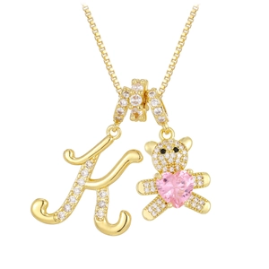 Golden 26-letter K and crystal bear pendant necklace with pink heart gemstone