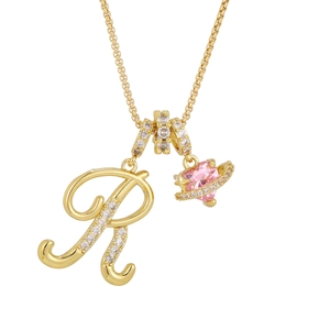 Dopamine style gold letter R necklace with pink heart planet pendant and zircons