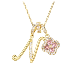 Gold Clover Necklace with Letter N Pendant and Sparkling Pink Zircon Inlays