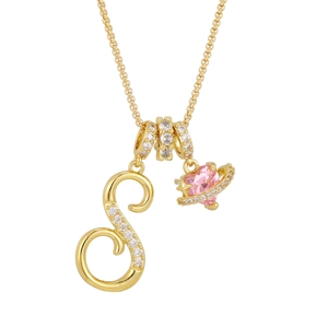 Detail of gold letter S pendant with zircon and pink heart planet charm necklace