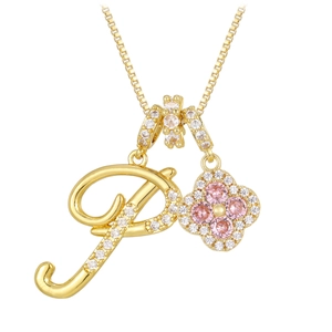 Golden clover pendant necklace with pink stones and micro-inset letter P charm