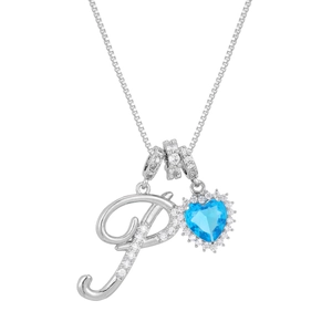 Macro view of silver letter P pendant with blue heart gemstone on a box chain