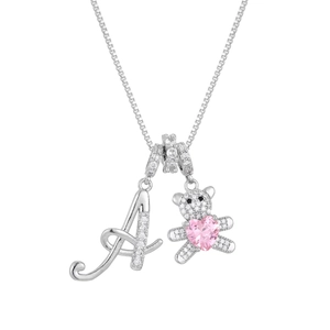 Detail of silver bear necklace featuring pink heart stone and crystal paved letter A