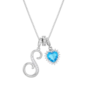 Detailed view of silver box chain necklace with crystal letter S and blue heart pendant
