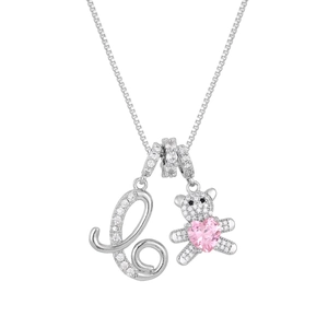 Detailed close-up of teddy bear pendant with pink heart stone and letter L charm