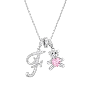 Silver bear necklace with letter F pendant and pink heart stone on a box chain