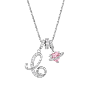 Detail of silver chain with pink heart pendant and crystal letter L charm design