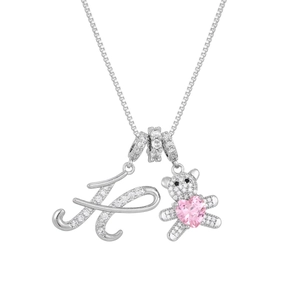 Silver bear necklace with letter K and pink heart crystal, luxury dopamine style accessory