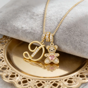 Alphabet Letter Bear Pendant Necklace With Pink Heart Zirconia Inlaid Gold Silver Plated Copper Box Chain Women Jewelry