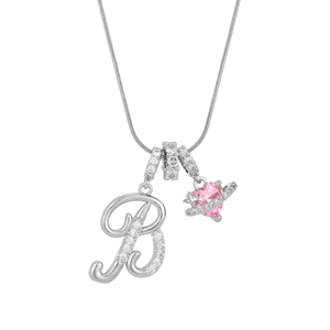 Silver snake chain necklace featuring a crystal letter B and pink heart planet pendant