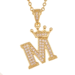 Golden crown pendant necklace with letter M and pink zircon stones on a thin cable chain