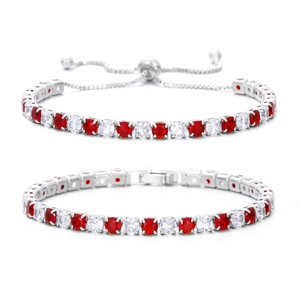 Dettaglio di bracciali tennis bicolore con zirconi bianchi e rossi e chiusure diverse