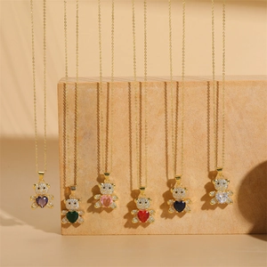 Detailed set of six teddy bear heart gemstone necklaces with micro-pave cubic zirconia