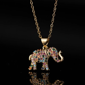Golden elephant pendant necklace with colorful cubic zirconia stones and mirror reflection