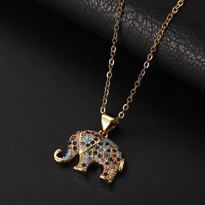 Detailed view of copper elephant pendant featuring colorful micro-paved cubic zirconia