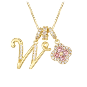 Gold box chain necklace with micro-paved zircon letter W and clover floral pendant