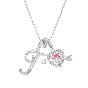 Close-up of zircon heart necklace featuring a pink gemstone and arrow pendant detail