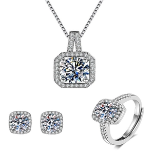 Parure bijoux avec collier pendentif carré, boucles d'oreilles et bague ajustable