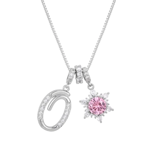 Detailed close-up of letter O pendant with pink snowflake gemstone on a silver chain