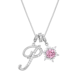 Detail of silver letter P and sunflower pendant with pink gemstone and crystals
