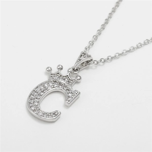 Silver crown letter C pendant with micro-pave cubic zirconia on a fine chain