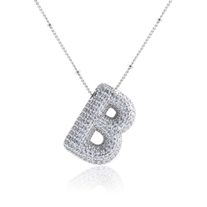 Close-up of silver balloon initial B pendant with micro-paved sparkling cubic zirconia