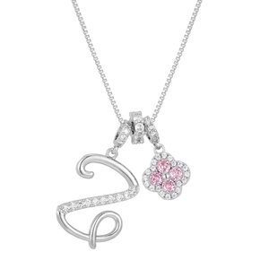 Silver letter Z necklace with pink clover pendant and micro-set cubic zirconia
