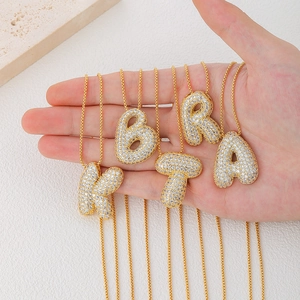 Bubble Initial Pendant Necklace Copper Rhinestone Gold Silver Plated 26 Alphabet Capital Letter 3D Puffy Fashion Jewelry