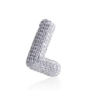 Macro view of silver 3D balloon letter L pendant with pavé set zircon stones