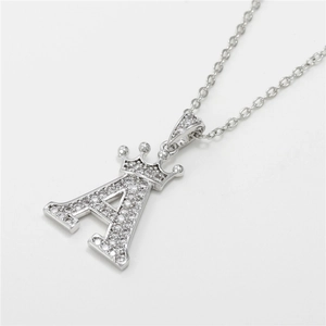 Silver crown letter A pendant necklace with micro-paved cubic zirconia stones