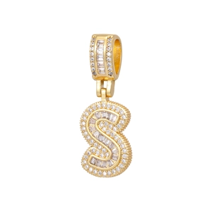 Detailed close-up of 18k gold plated letter S pendant with full sparkling micro-pave diamonds