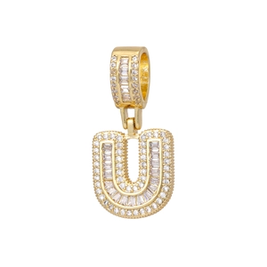 Detailed view of ice-out gold capital U letter pendant with micro-pave cubic zirconia