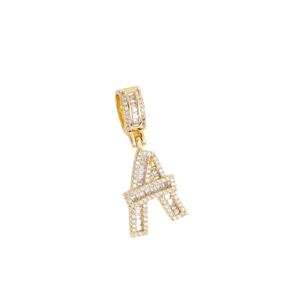 Collana hip hop placcata in oro con ciondolo lettera A e pietre di zircone a taglio baguette