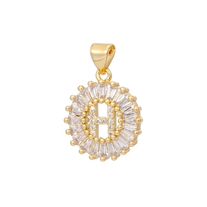 Close-up of golden letter H pendant with baguette and round cut zircon stones
