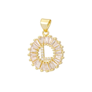Detail of gold letter L pendant with rectangle-cut zircons in a radiant floral halo