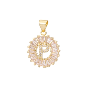 Detailed view of gold letter P pendant with pavé cubic zirconia and baguette crystal border