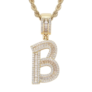 Macro detail of iced-out gold letter B hip hop pendant with cubic zirconia on rope chain