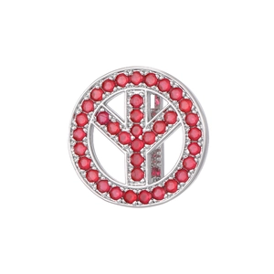 Detailed close-up of a 10mm stainless steel charm with pavé-set red crystals on white background