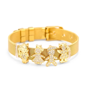 10mm golden mesh stainless steel bracelet with four sparkling cartoon charms and clasp