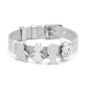 Silver stainless steel mesh bracelet with sparkling family charms and buckle