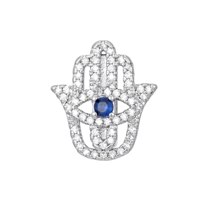 Detail of Hamsa charm in stainless steel with pavé stones and blue evil eye inlay