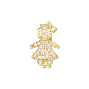 Detailed view of a gold-plated girl charm with bow and micro-paved white zircon stones