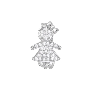 Macro shot of a silver girl charm with sparkling pavé zircons and a bow dress design