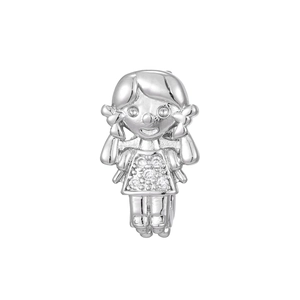 Detail of silver cartoon girl pendant with sparkling pavé cubic zirconia gemstones