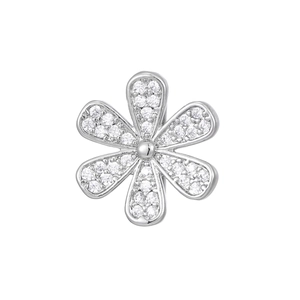 Detailed view of silver flower charm with shimmering pavé stones for 10mm mesh bracelet
