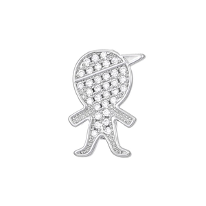 Macro detail of silver boy pendant with pavé set cubic zirconia and baseball cap design