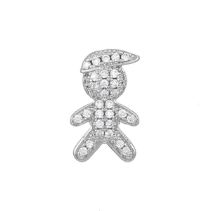 Macro detail of silver-colored boy pendant with micro-paved sparkling cubic zirconia