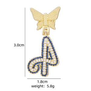 Gold butterfly number 4 pendant with blue and white stones, size 3.0cm by 1.8cm