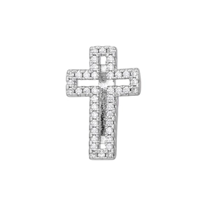 Detailed view of silver cross pendant with hollow structure and pavé cubic zirconia